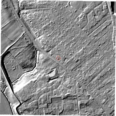 Shaded relief map of the ground around YO305RR, computed from Environment Agency LiDAR. The ground here sits at about 13 m above sea level and falls 8 m across the surrounding 800 m. Surface water reaching this point runs off ground lying to the east, 1.9 m higher.