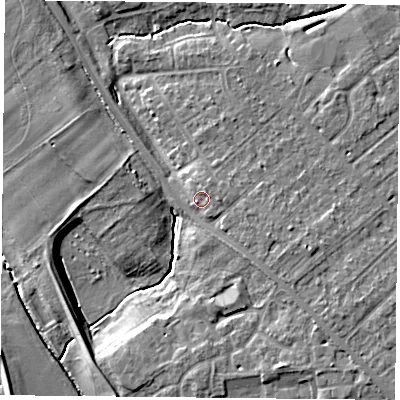 Shaded relief map of the ground around YO305RU, computed from Environment Agency LiDAR. The ground here sits at about 12 m above sea level and falls 8 m across the surrounding 800 m. Surface water reaching this point runs off ground lying to the north-north-east, 2.1 m higher.