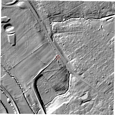 Shaded relief map of the ground around YO305RX, computed from Environment Agency LiDAR. The ground here sits at about 11 m above sea level and falls 9 m across the surrounding 800 m. Surface water reaching this point runs off ground lying to the west-south-west, 2.4 m higher.