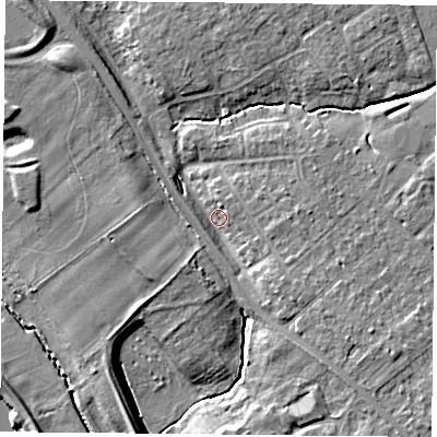 Shaded relief map of the ground around YO305RY, computed from Environment Agency LiDAR. The ground here sits at about 10 m above sea level and falls 9 m across the surrounding 800 m. Surface water reaching this point runs off ground lying to the south-east, 5.8 m higher.