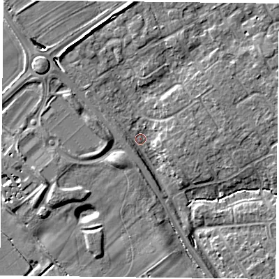 Shaded relief map of the ground around YO305RZ, computed from Environment Agency LiDAR. The ground here sits at about 11 m above sea level and falls 9 m across the surrounding 800 m. Surface water reaching this point runs off ground lying to the north-west, 2.0 m higher.