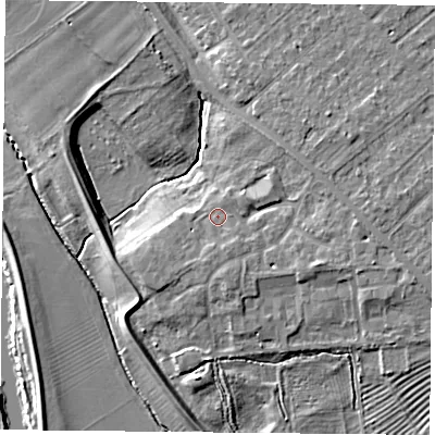 Shaded relief map of the ground around YO305SF, computed from Environment Agency LiDAR. The ground here sits at about 12 m above sea level and falls 9 m across the surrounding 800 m. Surface water reaching this point runs off ground lying to the south-south-east, 1.8 m higher.