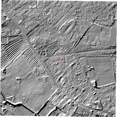 Shaded relief map of the ground around YO305SG, computed from Environment Agency LiDAR. The ground here sits at about 12 m above sea level and falls 9 m across the surrounding 800 m. Surface water reaching this point runs off ground lying to the south-south-east, 3.1 m higher.