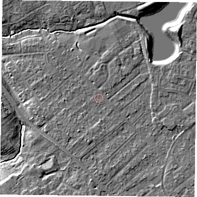 Shaded relief map of the ground around YO305SU, computed from Environment Agency LiDAR. The ground here sits at about 12 m above sea level and falls 9 m across the surrounding 800 m. Surface water reaching this point runs off ground lying to the south, 1.5 m higher.