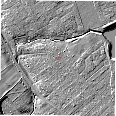 Shaded relief map of the ground around YO305SZ, computed from Environment Agency LiDAR. The ground here sits at about 12 m above sea level and falls 7 m across the surrounding 800 m. Surface water reaching this point runs off ground lying to the south-south-east, 2.5 m higher.