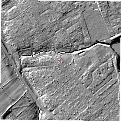 Shaded relief map of the ground around YO305TA, computed from Environment Agency LiDAR. The ground here sits at about 12 m above sea level and falls 7 m across the surrounding 800 m. Surface water reaching this point runs off ground lying to the south-south-west, 0.5 m higher.