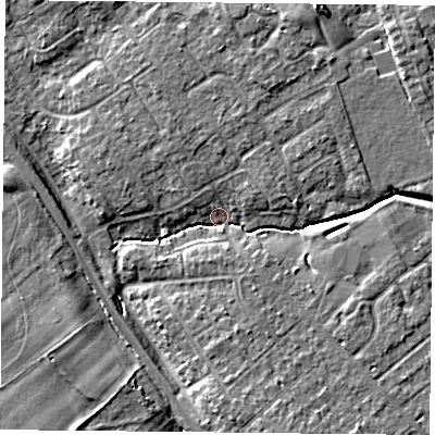 Shaded relief map of the ground around YO305TB, computed from Environment Agency LiDAR. The ground here sits at about 11 m above sea level and falls 8 m across the surrounding 800 m. Surface water reaching this point runs off ground lying to the north, 4.3 m higher.