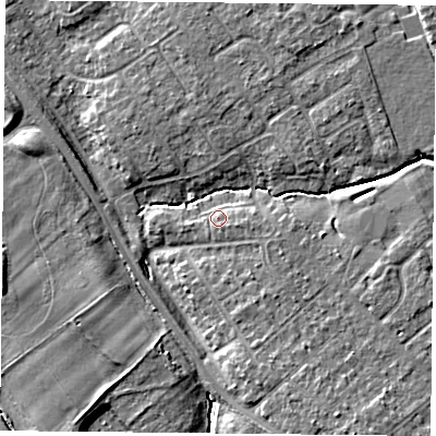 Shaded relief map of the ground around YO305TD, computed from Environment Agency LiDAR. The ground here sits at about 12 m above sea level and falls 8 m across the surrounding 800 m. Surface water reaching this point runs off ground lying to the south-east, 1.6 m higher.
