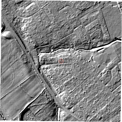 Shaded relief map of the ground around YO305TE, computed from Environment Agency LiDAR. The ground here sits at about 12 m above sea level and falls 8 m across the surrounding 800 m. Surface water reaching this point runs off ground lying to the south-east, 1.2 m higher.