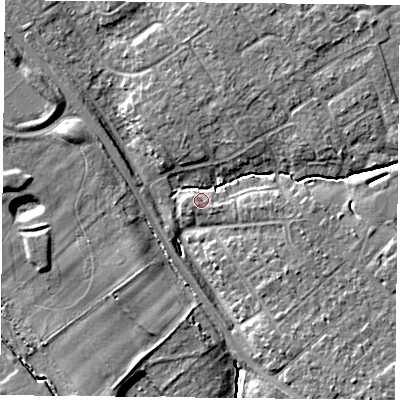 Shaded relief map of the ground around YO305TF, computed from Environment Agency LiDAR. The ground here sits at about 11 m above sea level and falls 8 m across the surrounding 800 m. Surface water reaching this point runs off ground lying to the south-east, 4.5 m higher.