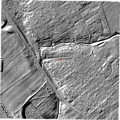 Shaded relief map of the ground around YO305TG, computed from Environment Agency LiDAR. The ground here sits at about 11 m above sea level and falls 8 m across the surrounding 800 m. Surface water reaching this point runs off ground lying to the south-east, 1.5 m higher.