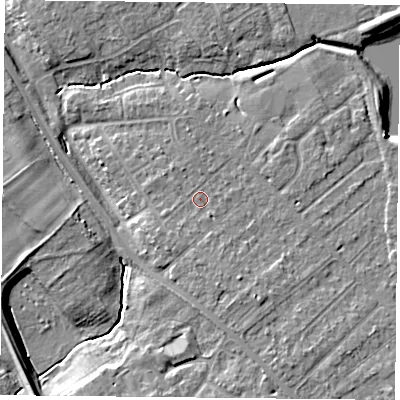 Shaded relief map of the ground around YO305TH, computed from Environment Agency LiDAR. The ground here sits at about 12 m above sea level and falls 8 m across the surrounding 800 m. Surface water reaching this point runs off ground lying to the south-west, 1.1 m higher.