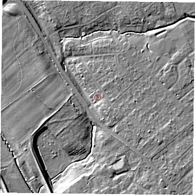 Shaded relief map of the ground around YO305TN, computed from Environment Agency LiDAR. The ground here sits at about 11 m above sea level and falls 9 m across the surrounding 800 m. Surface water reaching this point runs off ground lying to the south-east, 5.8 m higher.