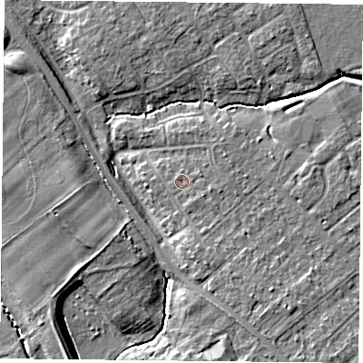Shaded relief map of the ground around YO305TP, computed from Environment Agency LiDAR. The ground here sits at about 12 m above sea level and falls 8 m across the surrounding 800 m. Surface water reaching this point runs off ground lying to the south-east, 0.8 m higher.