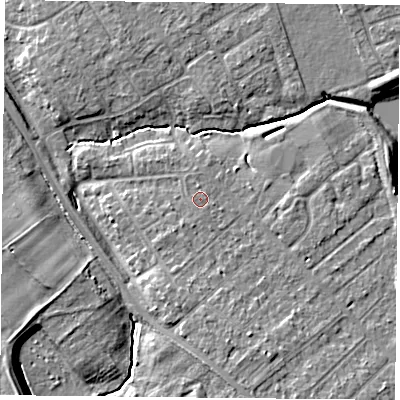 Shaded relief map of the ground around YO305TQ, computed from Environment Agency LiDAR. The ground here sits at about 12 m above sea level and falls 7 m across the surrounding 800 m. Surface water reaching this point runs off ground lying to the north, 0.5 m higher.