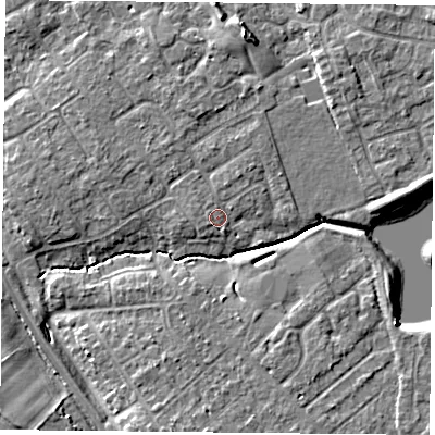 Shaded relief map of the ground around YO305TR, computed from Environment Agency LiDAR. The ground here sits at about 12 m above sea level and falls 8 m across the surrounding 800 m. Surface water reaching this point runs off ground lying to the north-north-east, 1.2 m higher.