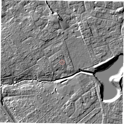 Shaded relief map of the ground around YO305TU, computed from Environment Agency LiDAR. The ground here sits at about 12 m above sea level and falls 8 m across the surrounding 800 m. Surface water reaching this point runs off ground lying to the north, 1.0 m higher.
