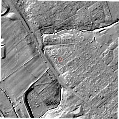 Shaded relief map of the ground around YO305TW, computed from Environment Agency LiDAR. The ground here sits at about 12 m above sea level and falls 8 m across the surrounding 800 m. Surface water reaching this point runs off ground lying to the east, 1.1 m higher.