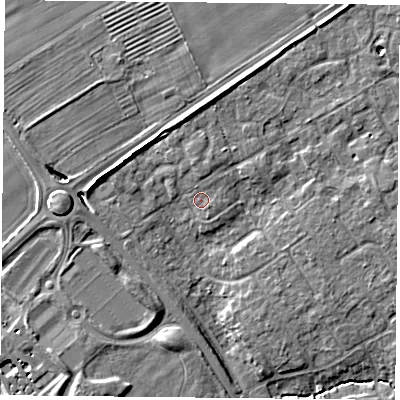 Shaded relief map of the ground around YO305TX, computed from Environment Agency LiDAR. The ground here sits at about 12 m above sea level and falls 6 m across the surrounding 800 m. Surface water reaching this point runs off ground lying to the north-east, 1.1 m higher.