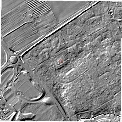 Shaded relief map of the ground around YO305TY, computed from Environment Agency LiDAR. The ground here sits at about 12 m above sea level and falls 6 m across the surrounding 800 m. The ground contributing surface water to this point lies to the north.