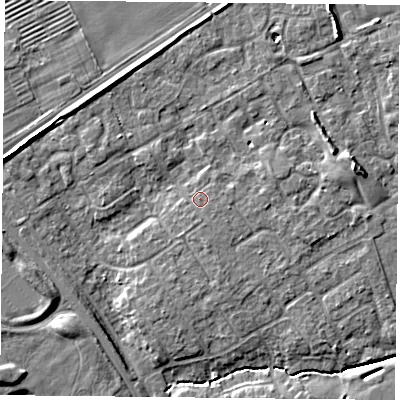 Shaded relief map of the ground around YO305UB, computed from Environment Agency LiDAR. The ground here sits at about 13 m above sea level and falls 7 m across the surrounding 800 m. Surface water reaching this point runs off ground lying to the south-east, 0.8 m higher.