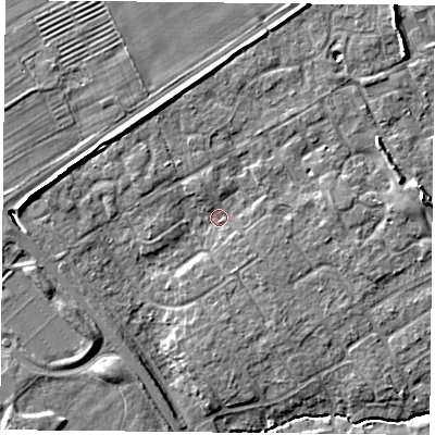 Shaded relief map of the ground around YO305UD, computed from Environment Agency LiDAR. The ground here sits at about 11 m above sea level and falls 7 m across the surrounding 800 m. Surface water reaching this point runs off ground lying to the east-north-east, 3.7 m higher.