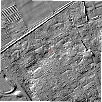 Shaded relief map of the ground around YO305UE, computed from Environment Agency LiDAR. The ground here sits at about 12 m above sea level and falls 6 m across the surrounding 800 m. Surface water reaching this point runs off ground lying to the north-east, 3.6 m higher.