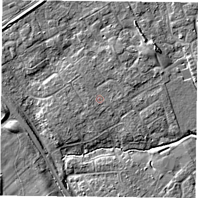 Shaded relief map of the ground around YO305UL, computed from Environment Agency LiDAR. The ground here sits at about 13 m above sea level and falls 8 m across the surrounding 800 m. Surface water reaching this point runs off ground lying to the north-north-east, 1.3 m higher.