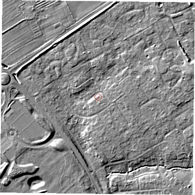 Shaded relief map of the ground around YO305UR, computed from Environment Agency LiDAR. The ground here sits at about 12 m above sea level and falls 6 m across the surrounding 800 m. Surface water reaching this point runs off ground lying to the east-north-east, 3.7 m higher.