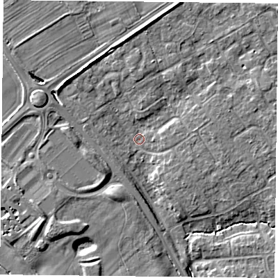 Shaded relief map of the ground around YO305US, computed from Environment Agency LiDAR. The ground here sits at about 11 m above sea level and falls 9 m across the surrounding 800 m. Surface water reaching this point runs off ground lying to the north-west, 5.2 m higher.