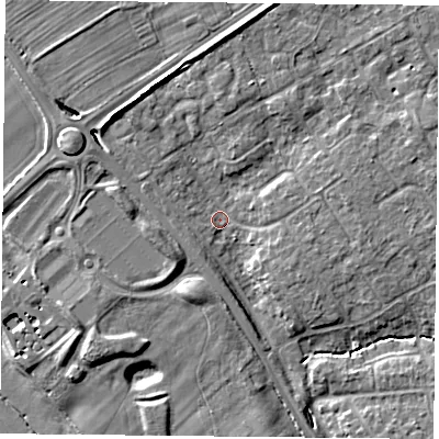 Shaded relief map of the ground around YO305UT, computed from Environment Agency LiDAR. The ground here sits at about 11 m above sea level and falls 9 m across the surrounding 800 m. Surface water reaching this point runs off ground lying to the north-north-west, 5.2 m higher.