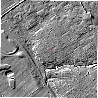 Shaded relief map of the ground around YO305UU, computed from Environment Agency LiDAR. The ground here sits at about 13 m above sea level and falls 9 m across the surrounding 800 m. The ground contributing surface water to this point lies to the west.