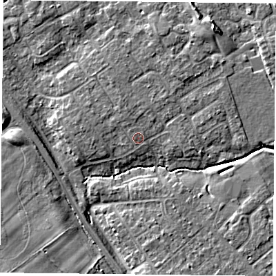 Shaded relief map of the ground around YO305UX, computed from Environment Agency LiDAR. The ground here sits at about 12 m above sea level and falls 8 m across the surrounding 800 m. Surface water reaching this point runs off ground lying to the north-west, 1.1 m higher.