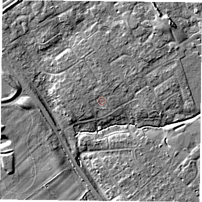 Shaded relief map of the ground around YO305UY, computed from Environment Agency LiDAR. The ground here sits at about 12 m above sea level and falls 8 m across the surrounding 800 m. Surface water reaching this point runs off ground lying to the north, 1.0 m higher.