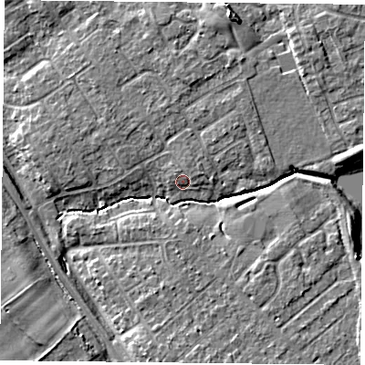 Shaded relief map of the ground around YO305UZ, computed from Environment Agency LiDAR. The ground here sits at about 12 m above sea level and falls 8 m across the surrounding 800 m. Surface water reaching this point runs off ground lying to the north-east, 1.7 m higher.