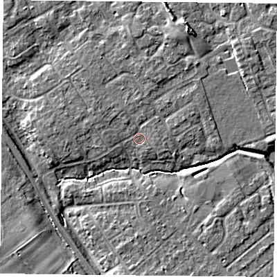 Shaded relief map of the ground around YO305XA, computed from Environment Agency LiDAR. The ground here sits at about 12 m above sea level and falls 8 m across the surrounding 800 m. Surface water reaching this point runs off ground lying to the north, 1.9 m higher.