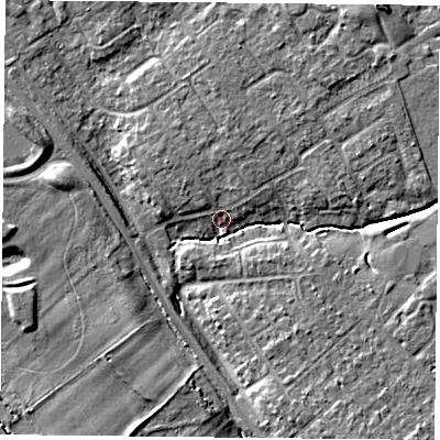 Shaded relief map of the ground around YO305XB, computed from Environment Agency LiDAR. The ground here sits at about 11 m above sea level and falls 9 m across the surrounding 800 m. Surface water reaching this point runs off ground lying to the north-north-east, 4.7 m higher.