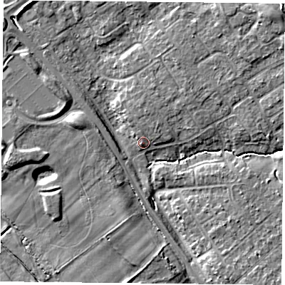 Shaded relief map of the ground around YO305XD, computed from Environment Agency LiDAR. The ground here sits at about 12 m above sea level and falls 10 m across the surrounding 800 m. Surface water reaching this point runs off ground lying to the north, 1.7 m higher.