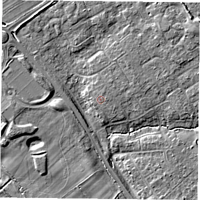 Shaded relief map of the ground around YO305XE, computed from Environment Agency LiDAR. The ground here sits at about 12 m above sea level and falls 9 m across the surrounding 800 m. Surface water reaching this point runs off ground lying to the east-north-east, 0.6 m higher.