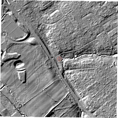 Shaded relief map of the ground around YO305XF, computed from Environment Agency LiDAR. The ground here sits at about 10 m above sea level and falls 8 m across the surrounding 800 m. Surface water reaching this point runs off ground lying to the north-north-east, 4.6 m higher.