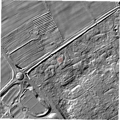 Shaded relief map of the ground around YO305XG, computed from Environment Agency LiDAR. The ground here sits at about 13 m above sea level and falls 6 m across the surrounding 800 m. Surface water reaching this point runs off ground lying to the south-south-east, 0.6 m higher.