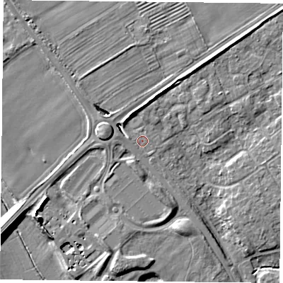 Shaded relief map of the ground around YO305XJ, computed from Environment Agency LiDAR. The ground here sits at about 12 m above sea level and falls 8 m across the surrounding 800 m. Surface water reaching this point runs off ground lying to the west, 0.7 m higher.