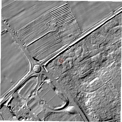 Shaded relief map of the ground around YO305XQ, computed from Environment Agency LiDAR. The ground here sits at about 12 m above sea level and falls 8 m across the surrounding 800 m. Surface water reaching this point runs off ground lying to the north-north-west, 3.1 m higher.