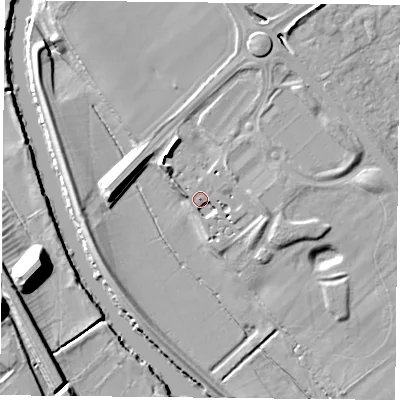 Shaded relief map of the ground around YO305YA, computed from Environment Agency LiDAR. The ground here sits at about 11 m above sea level and falls 15 m across the surrounding 800 m. Surface water reaching this point runs off ground lying to the north-west, 3.9 m higher.