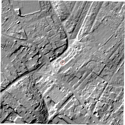 Shaded relief map of the ground around YO306AH, computed from Environment Agency LiDAR. The ground here sits at about 11 m above sea level and falls 8 m across the surrounding 800 m. Surface water reaching this point runs off ground lying to the south-south-west, 2.6 m higher.