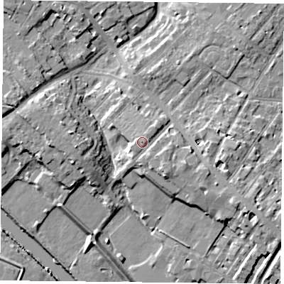 Shaded relief map of the ground around YO306AS, computed from Environment Agency LiDAR. The ground here sits at about 15 m above sea level and falls 11 m across the surrounding 800 m. Surface water reaching this point runs off ground lying to the south-east, 1.5 m higher.