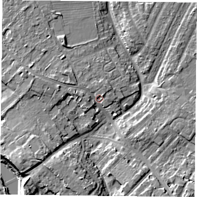 Shaded relief map of the ground around YO306BH, computed from Environment Agency LiDAR. The ground here sits at about 12 m above sea level and falls 11 m across the surrounding 800 m. Surface water reaching this point runs off ground lying to the west-north-west, 3.5 m higher.