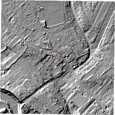Shaded relief map of the ground around YO306BL, computed from Environment Agency LiDAR. The ground here sits at about 13 m above sea level and falls 11 m across the surrounding 800 m. Surface water reaching this point runs off ground lying to the west-north-west, 2.8 m higher.