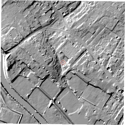 Shaded relief map of the ground around YO306BN, computed from Environment Agency LiDAR. The ground here sits at about 11 m above sea level and falls 11 m across the surrounding 800 m. Surface water reaching this point runs off ground lying to the west-south-west, 5.1 m higher.