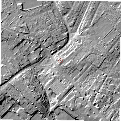 Shaded relief map of the ground around YO306BQ, computed from Environment Agency LiDAR. The ground here sits at about 13 m above sea level and falls 8 m across the surrounding 800 m. Surface water reaching this point runs off ground lying to the south-east, 1.2 m higher.